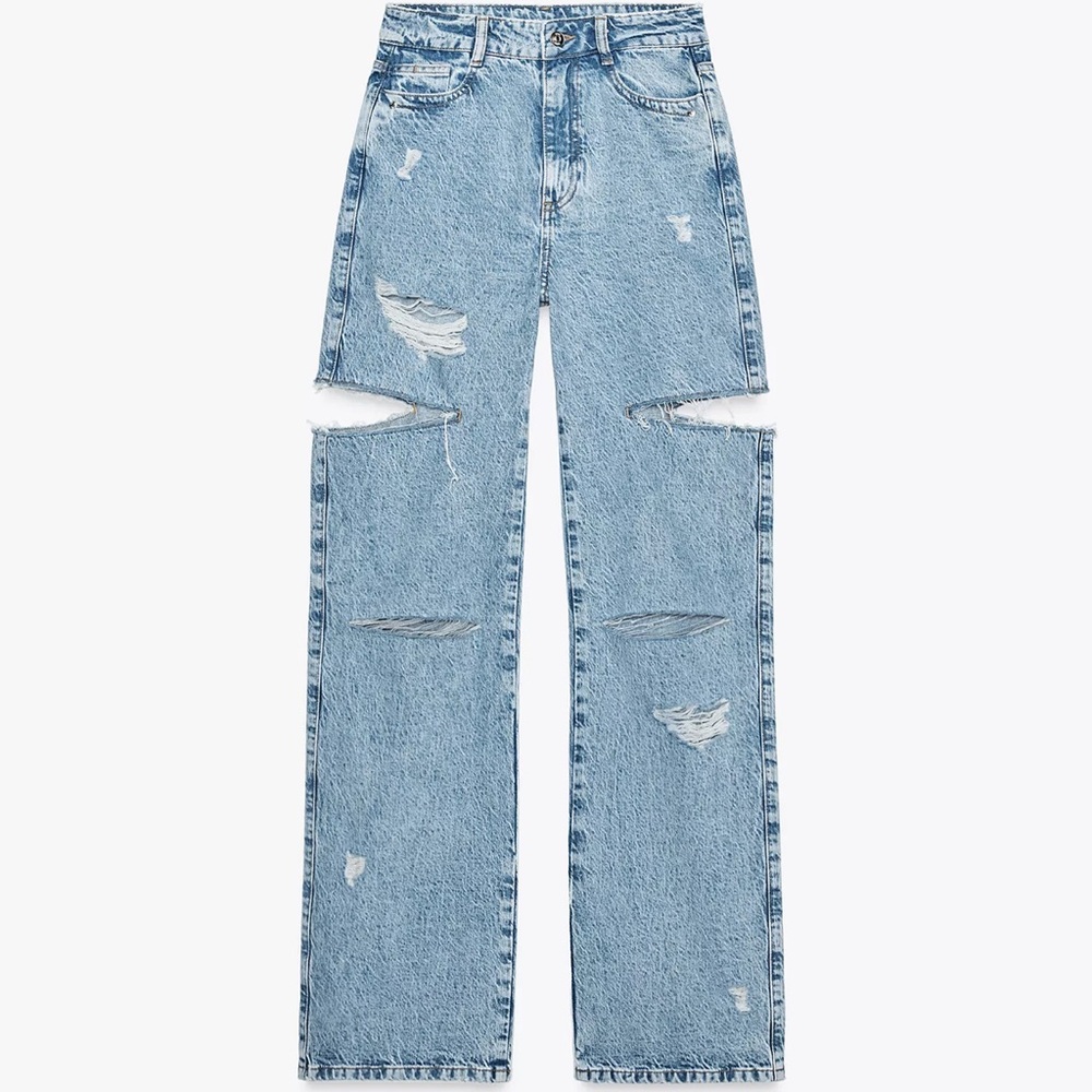 Zara Light Blue Distressed Straight Leg Jeans